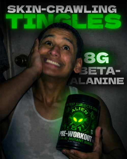 Person holding a supplement container with text about 8G Beta-Alanine.